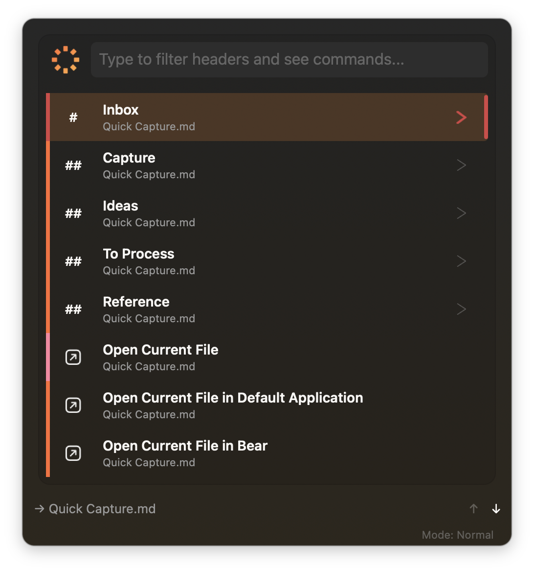 Burst Notes command window showing searchable header navigation