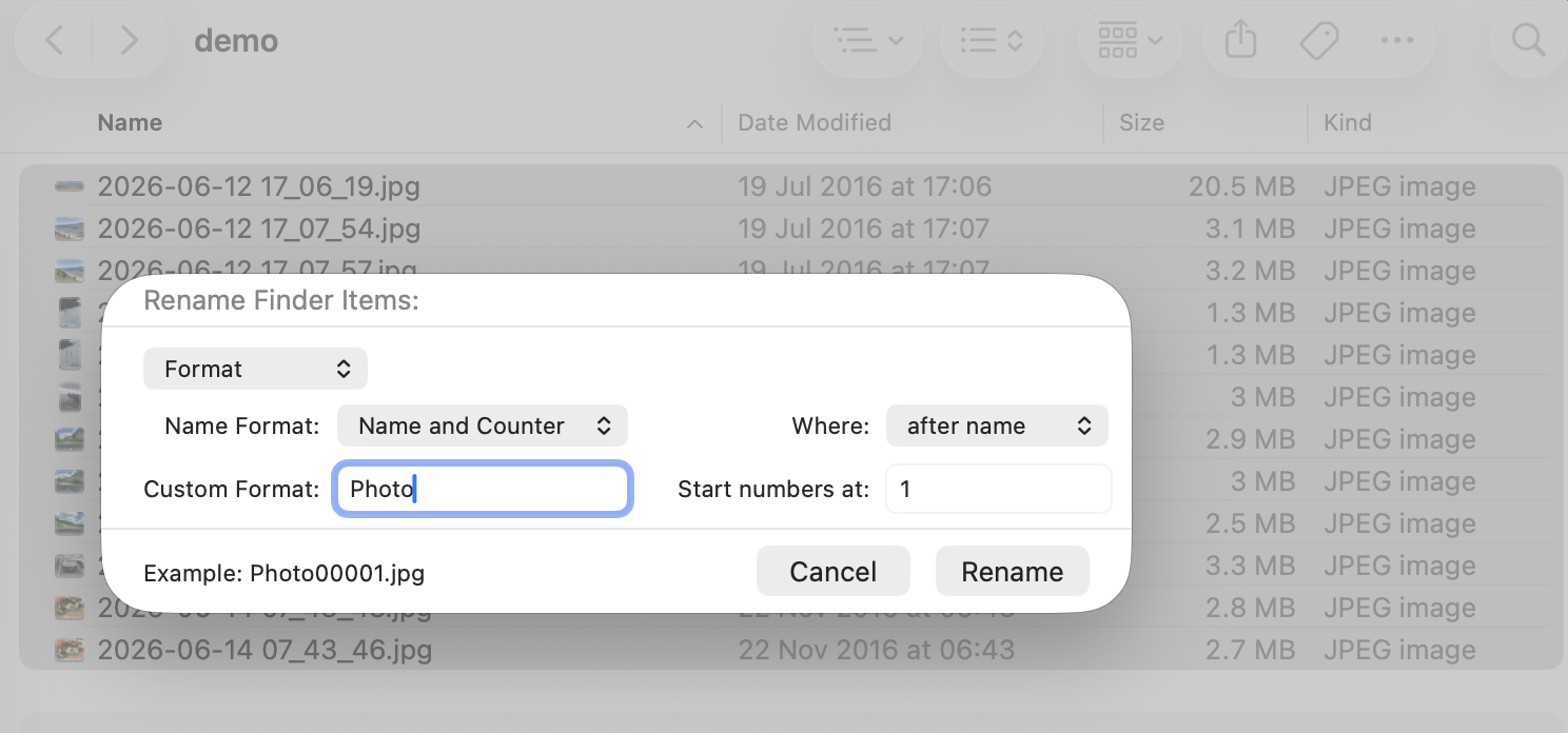 The Finder's Rename Finder Items dialog in Format mode, the Example field reading Photo00001.jpg