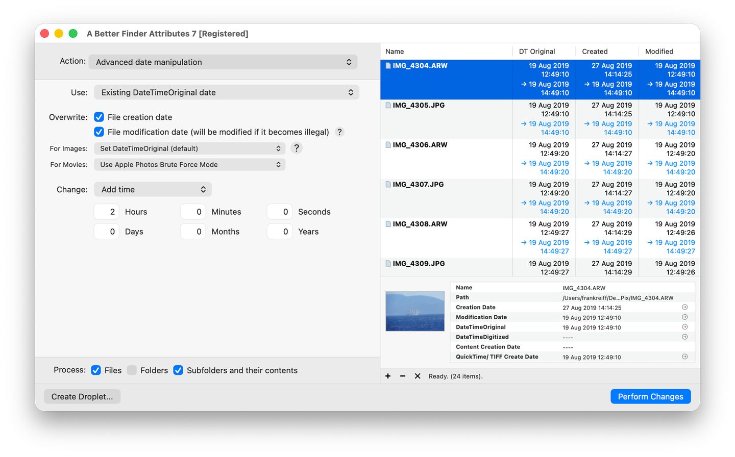 A Better Finder Attributes' Advanced date manipulation action adding 2 hours to a RAW+JPEG shoot: the DT Original, Created and Modified columns each show every photo's current date with an arrow to the corrected date it will receive, before anything is written