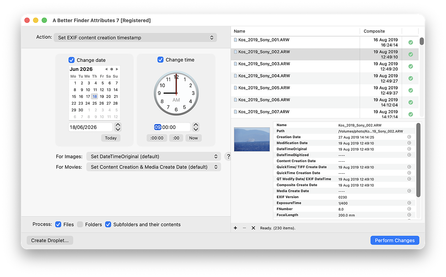 A Better Finder Attributes changing the EXIF shooting date on a batch of Sony ARW raw photos, the main window listing each file under Name with its resulting date under a Composite column, previewed before anything is written