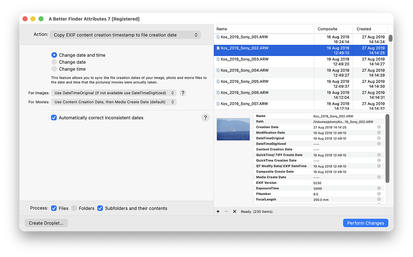 A Better Finder Attributes previewing the Copy EXIF creation timestamp to file creation date action on a batch of Sony ARW raw photos, with Name, Composite and Created columns showing each photo's EXIF capture date next to its current file creation date