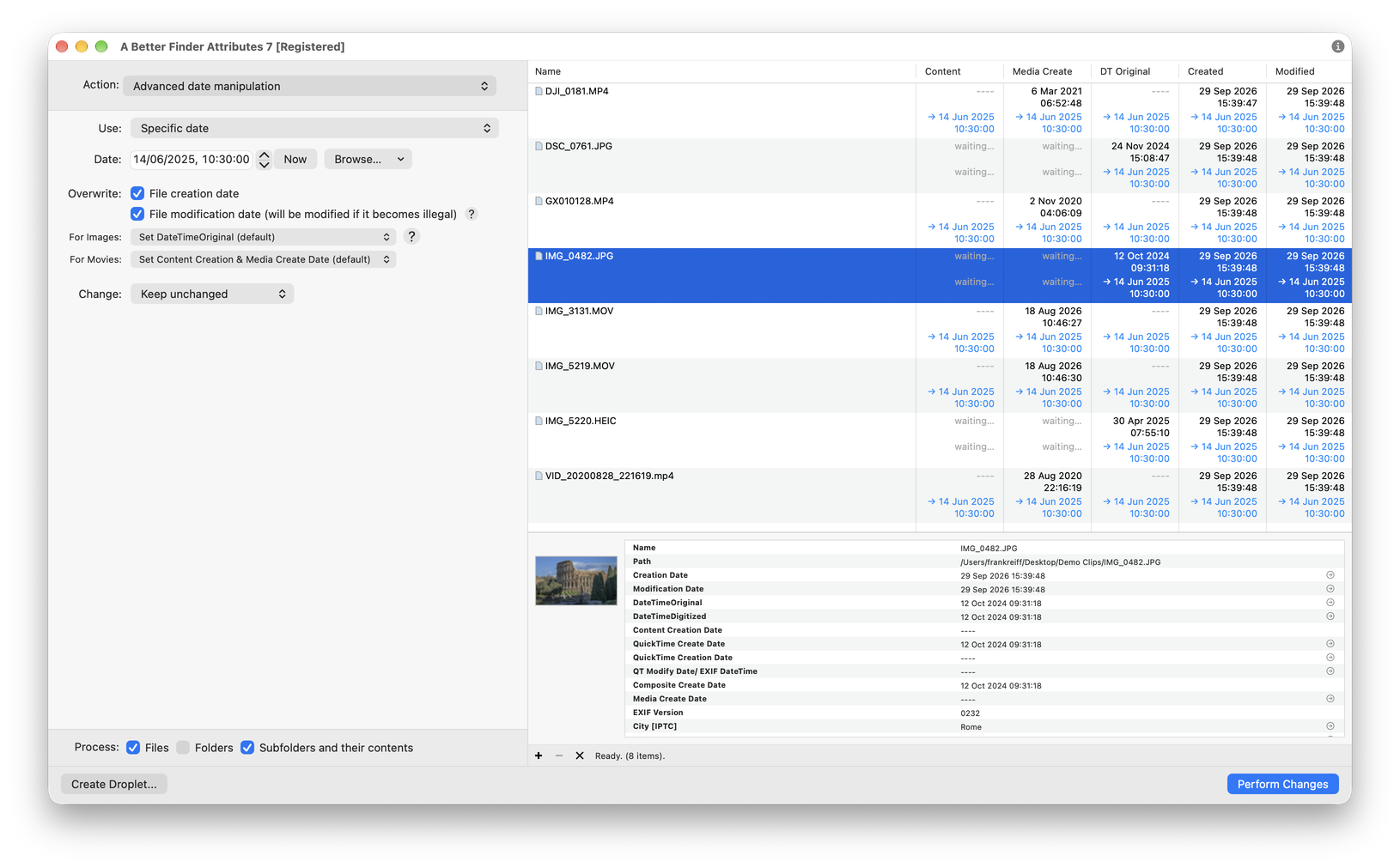A Better Finder Attributes' Advanced date manipulation action over a mixed batch of camera MP4, iPhone MOV, HEIC and JPEG files: Use set to Specific date, 14 June 2025 10:30, the File creation date box ticked under Overwrite, and the Content, Media Create, DT Original, Created and Modified columns each showing the file's current date with an arrow to the date it will get