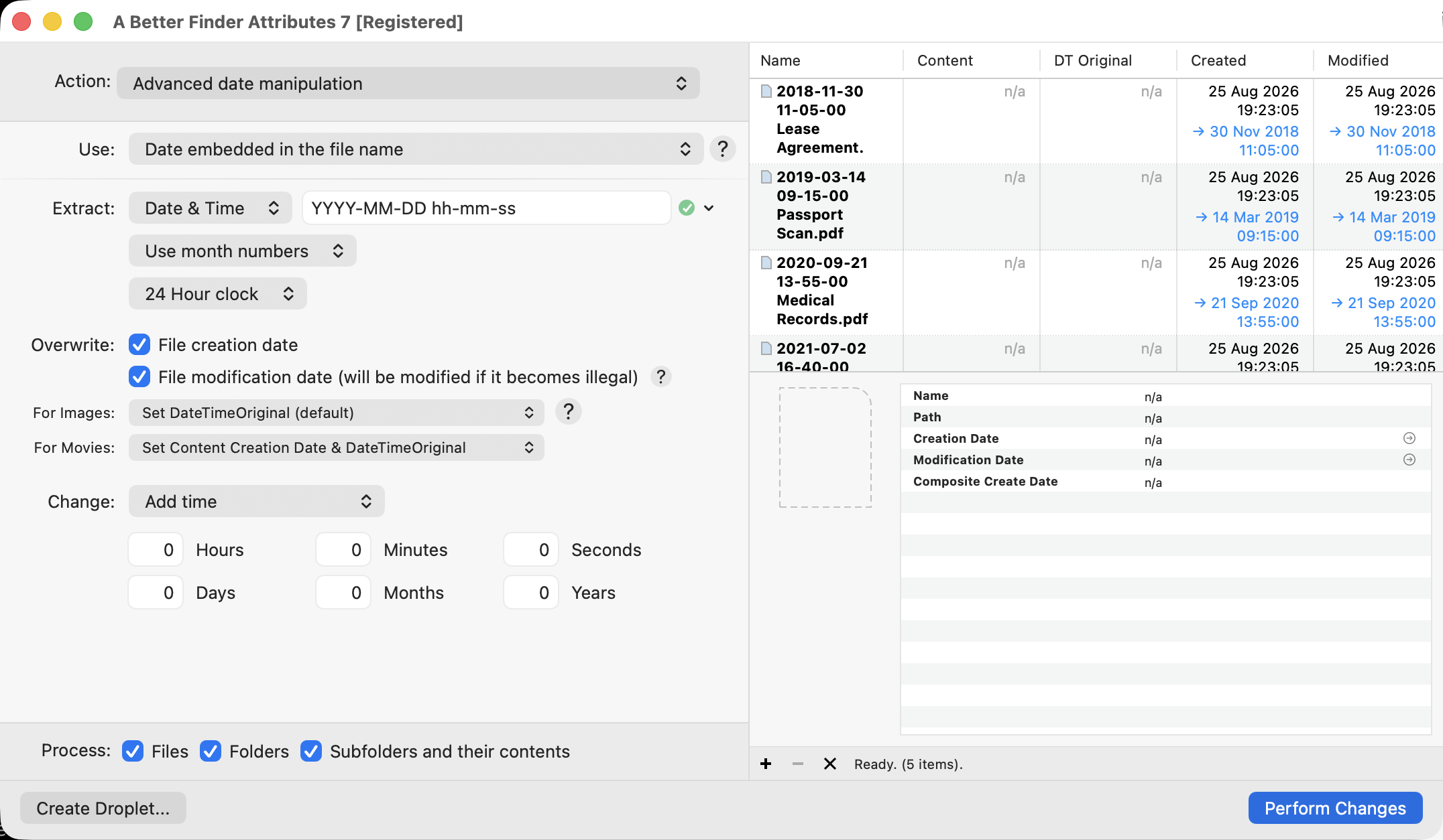 A Better Finder Attributes setzt das Erstellungsdatum jeder Datei aus dem im Dateinamen enthaltenen Datum, mit Live-Vorschau: Dokumente, deren Erstellungsdatum auf heute zurückgesetzt wurde, kurz bevor jedes auf das Datum aus seinem Namen gesetzt wird