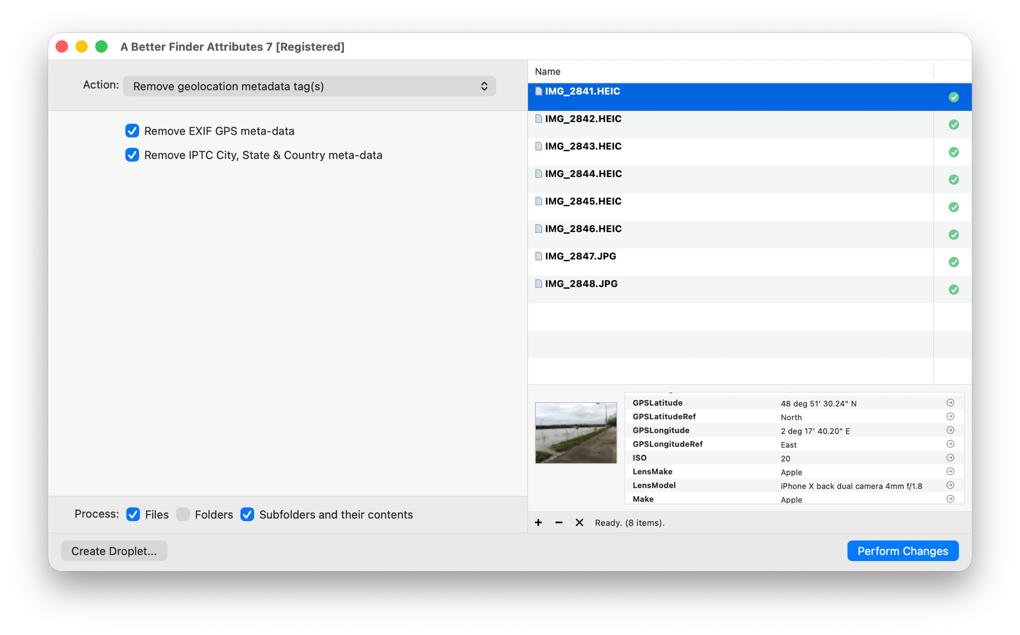 A Better Finder Attributes' Remove geolocation metadata tag(s) action over six iPhone HEIC photos and two JPGs, all marked compatible with green ticks; both removal checkboxes are on and the preview pane shows the selected photo's GPS latitude, longitude and iPhone lens details