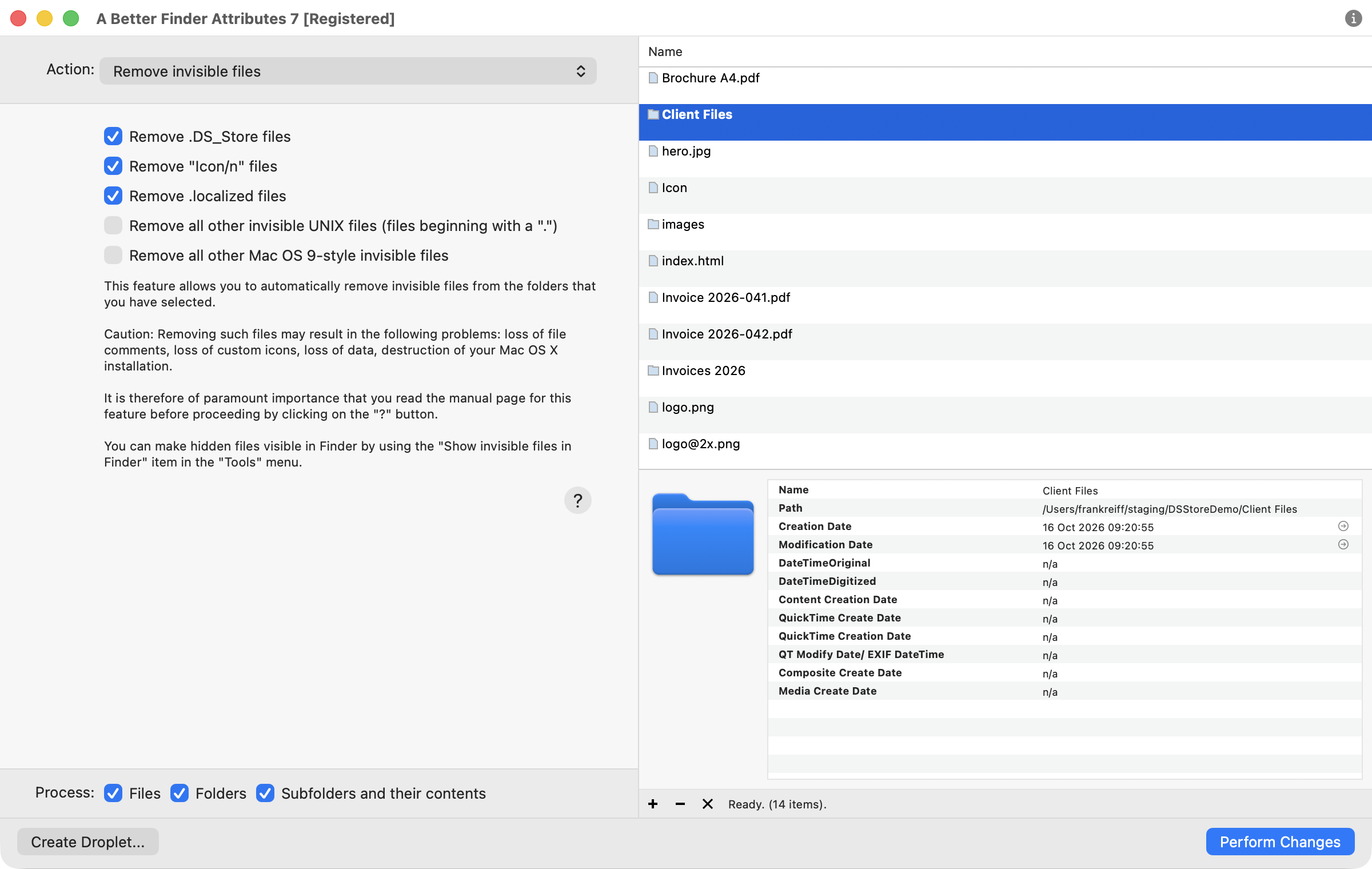 A Better Finder Attributes with the Remove invisible files action selected, the .DS_Store, Icon and .localized checkboxes ticked, the two broader options left unticked, and a client folder with its subfolders in the file list