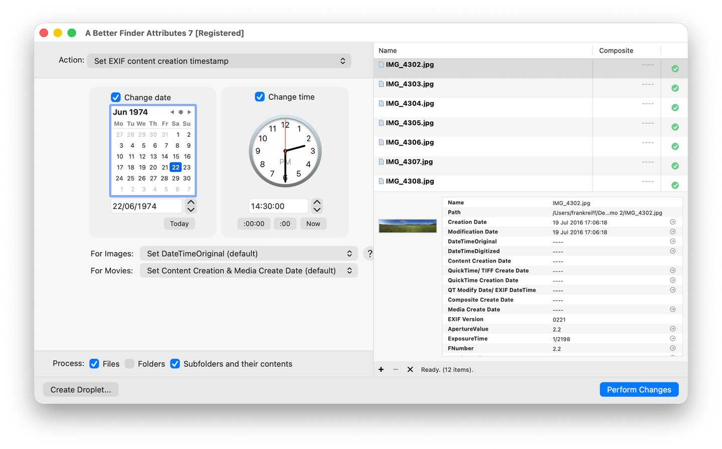 A Better Finder Attributes' Set EXIF content creation timestamp action: the calendar set to 22 June 1974 and the clock to 14:30, over a batch of scanned photos whose Composite column shows no embedded dates at all, with For Images set to Set DateTimeOriginal