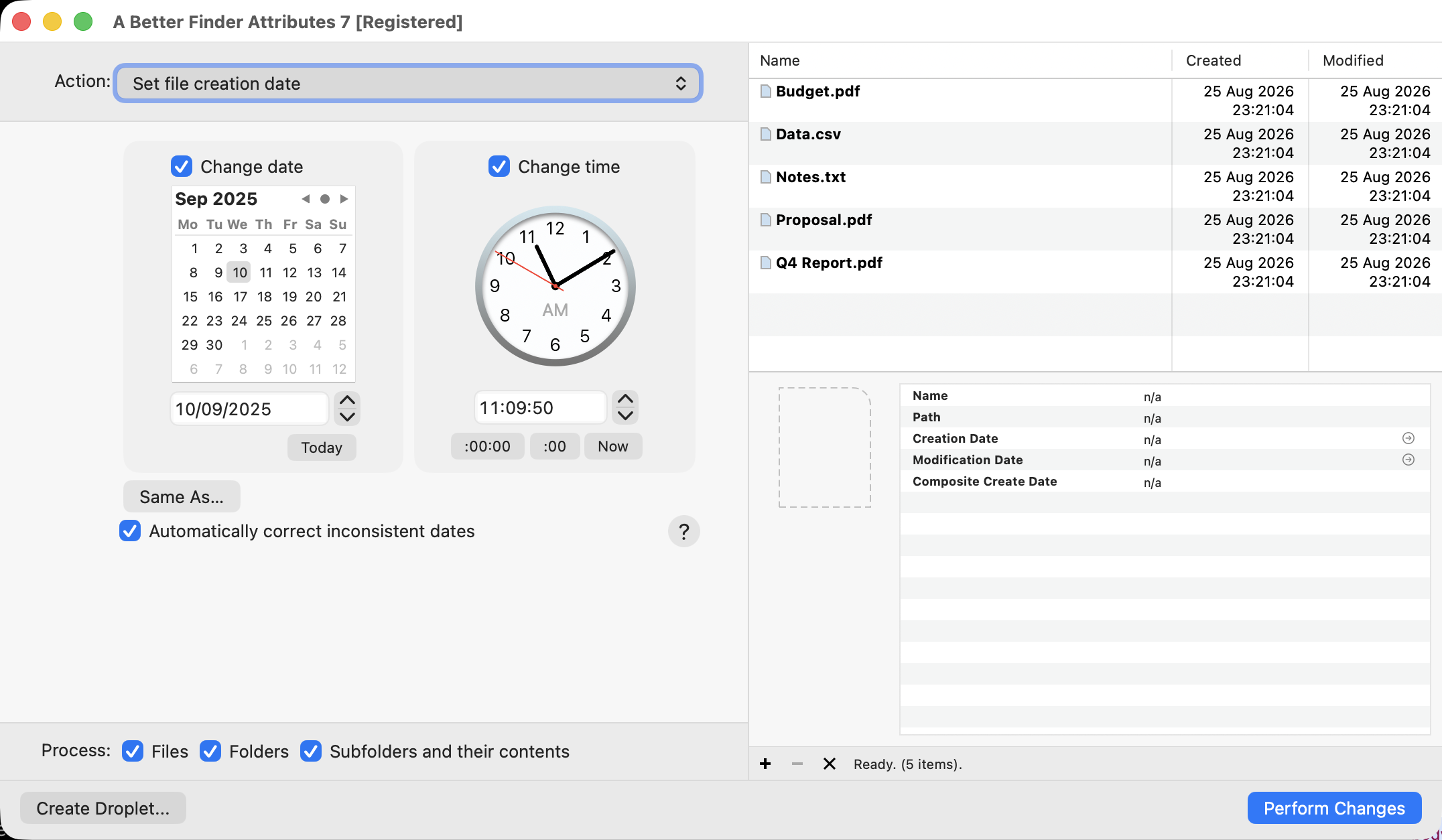 Die Aktion „Erstellungsdatum setzen" in A Better Finder Attributes: ein Kalender für das Datum und eine Uhr für die Uhrzeit, einmal gewählt und auf einen Stapel Dokumente angewendet (PDFs, eine Tabelle, eine Textdatei)