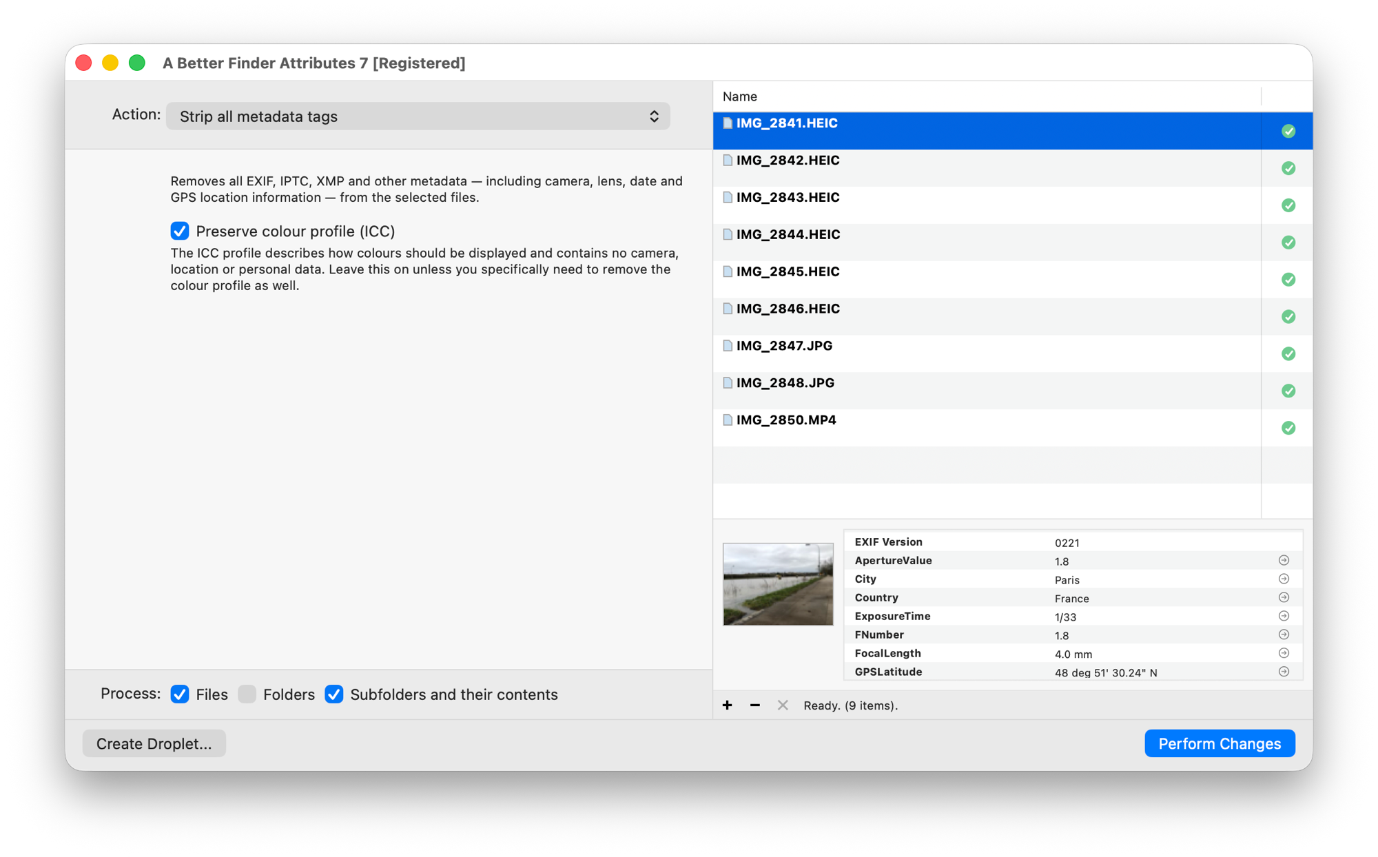 A Better Finder Attributes' Strip all metadata tags action over a mixed batch of HEIC photos, JPGs and an MP4 video, all marked compatible; the Preserve colour profile (ICC) checkbox is ticked and the preview pane shows the selected photo's city, country and GPS fields about to be removed