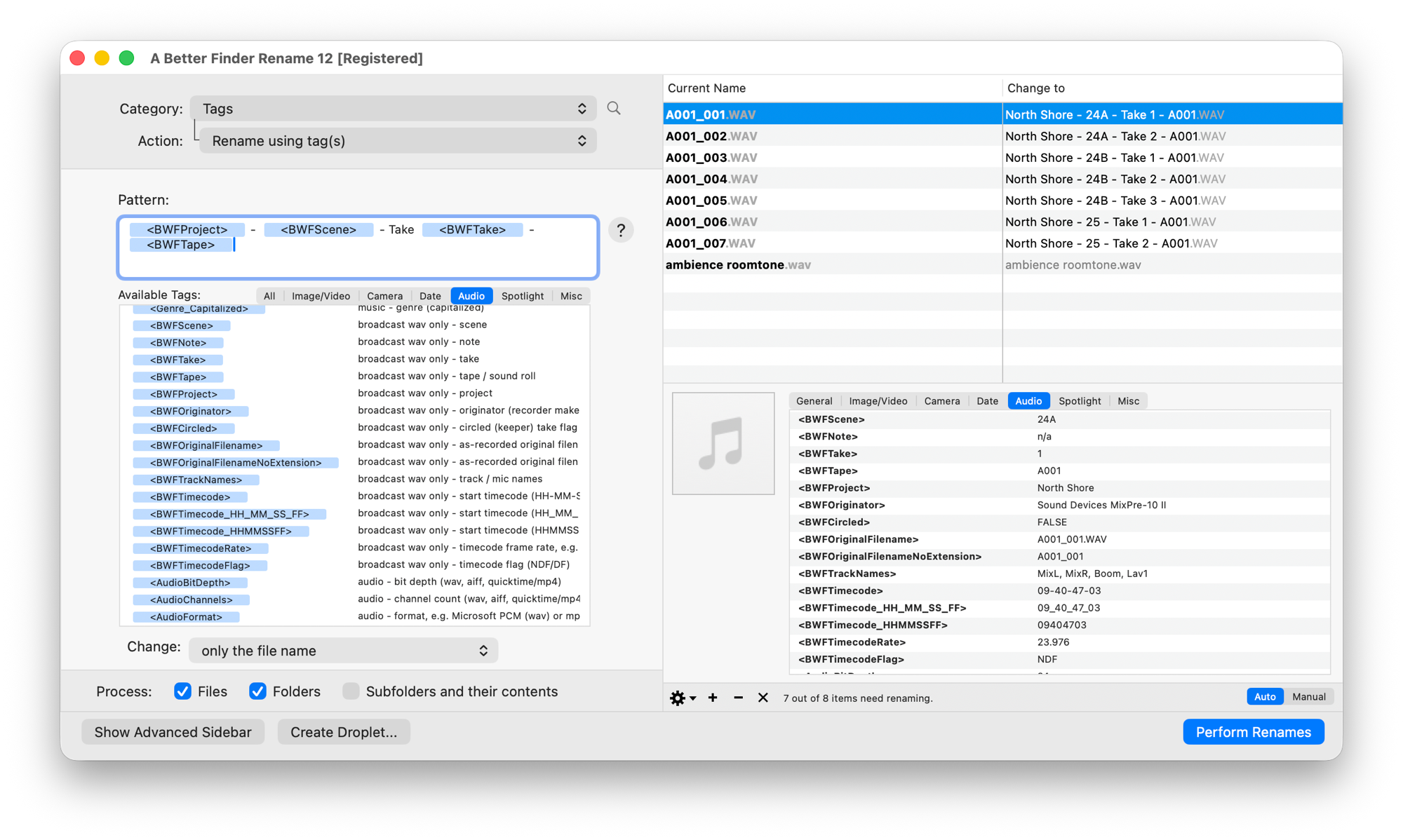 A Better Finder Rename's "Rename using tag(s)" action over a folder of Broadcast Wave dailies; the pattern BWFProject - BWFScene - Take BWFTake - BWFTape resolves machine names like A001_005.WAV into North Shore - 24B - Take 3 - A001.WAV in the live preview, a metadata-free ambience file stays unchanged, and the info pane lists the selected take's scene, sound roll, project, recorder, track names and start timecode
