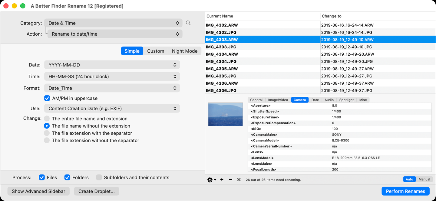 A Better Finder Rename benennt eine Sony-RAW+JPEG-Serie nach Aufnahmedatum um: die Aktion Rename to date/time mit Content Creation Date, die Live-Vorschau macht aus IMG_4302.ARW und IMG_4302.JPG die Namen 2019-08-16_16-24-14.ARW und .JPG, darunter die EXIF-Kameradaten des Fotos