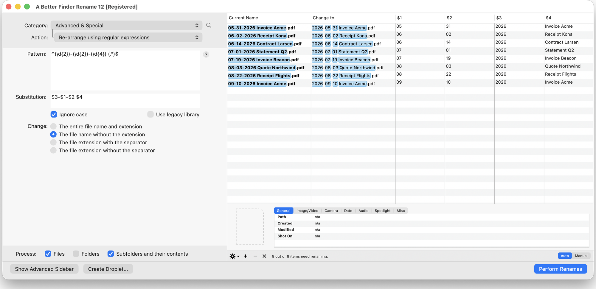 A Better Finder Rename's Re-arrange using regular expression action with the capture group columns visible in the preview