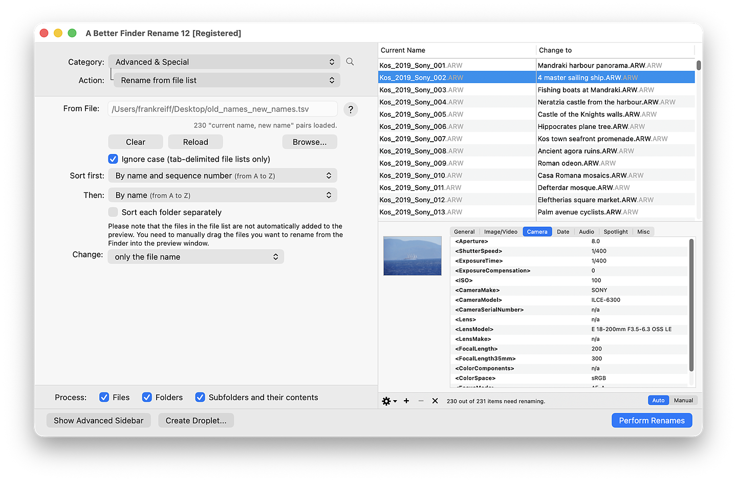 A Better Finder Rename's Rename from file list action loaded with a two-column list that maps original Sony camera filenames such as Kos_2019_Sony_002.ARW to descriptive names like 4 master sailing ship.ARW, with a live preview of every new name before renaming
