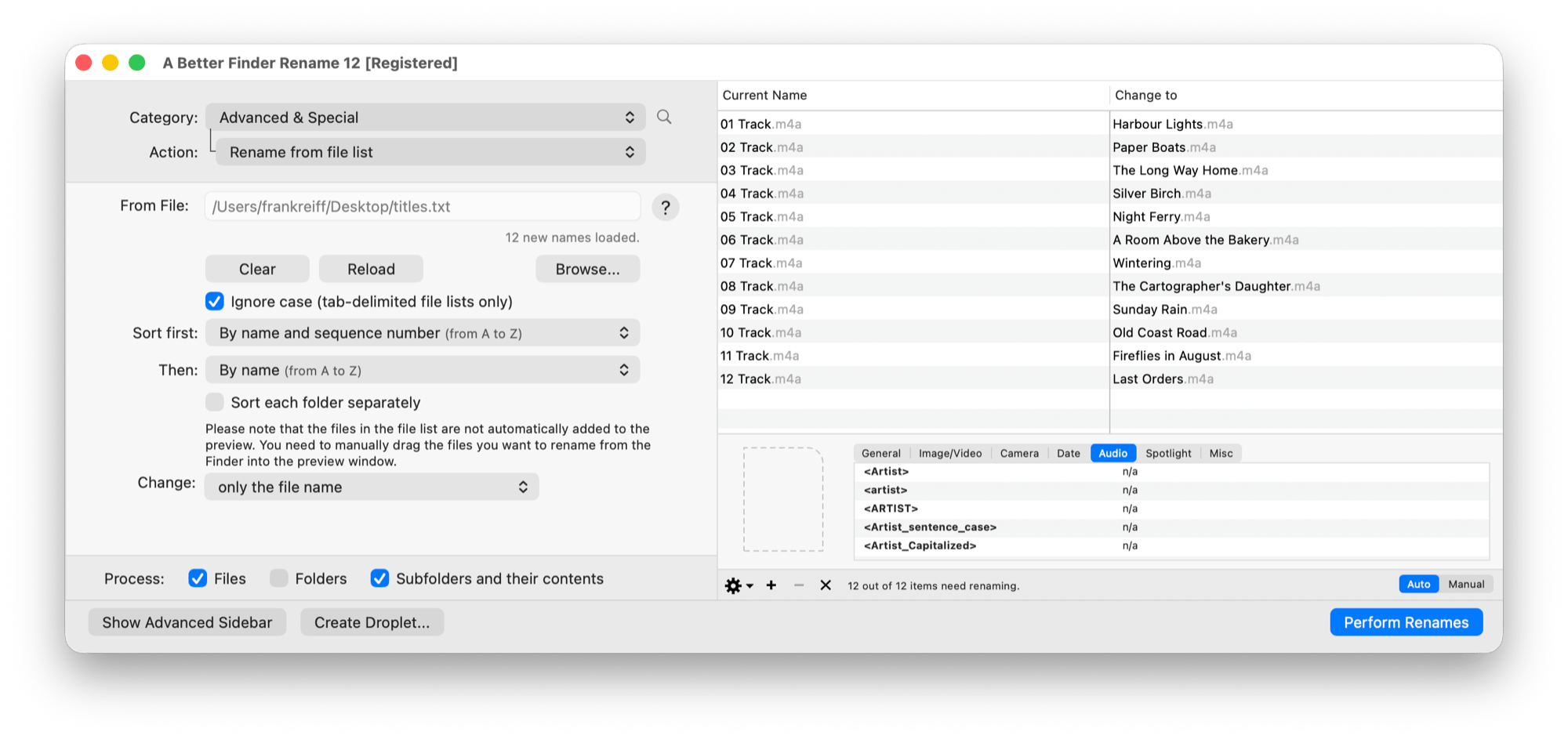 L'action Rename from file list d'A Better Finder Rename avec titres.txt chargé, la ligne d'état « 12 new names loaded. » et l'aperçu appariant 01 Piste.m4a à 12 Piste.m4a aux nouveaux titres Harbour Lights à Last Orders, extensions conservées