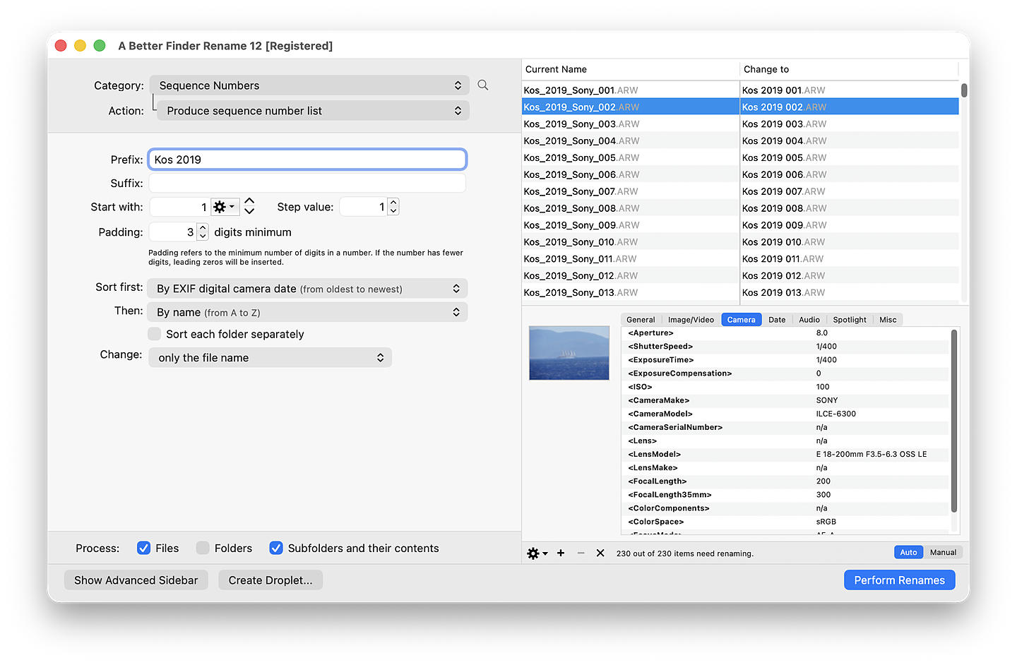 A Better Finder Rename adding a custom base name and a zero-padded sequence number to a batch of Kos holiday photos, with a live preview showing names like Kos 2019 001.ARW, Kos 2019 002.ARW numbered in capture-date order before renaming