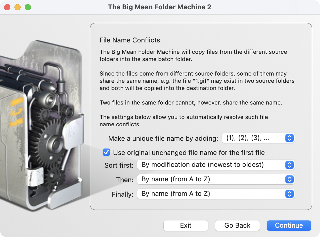 The Big Mean Folder Machine's file name conflict screen with the distinguisher style popup and the sort order popups