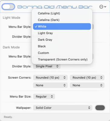 Boring Old Menu Bar's settings window with the Menu Bar Style menu open, listing Catalina (Light), Catalina (Dark), White, Light Gray, Dark Gray, Black, Custom and Transparent (Screen Corners only); below it separate Light Mode and Dark Mode sections, divider style, screen corners, menu bar size and wallpaper
