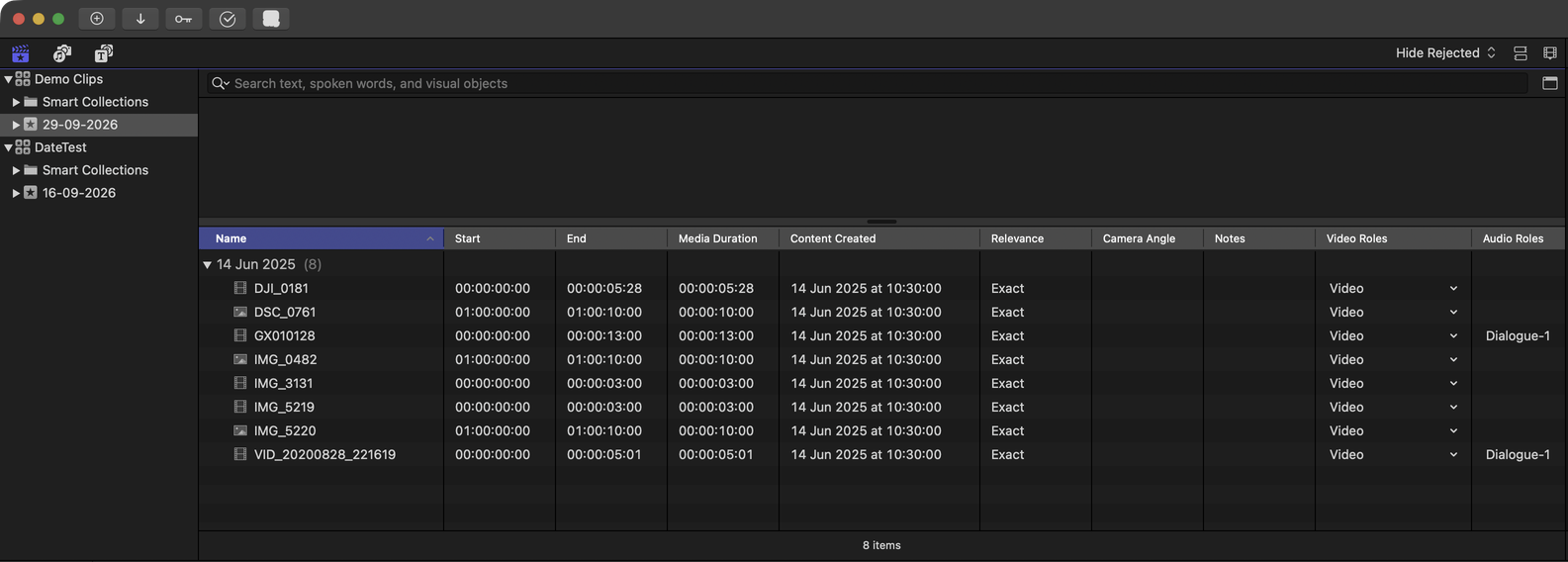 The Final Cut Pro event browser in list view after importing the same clips: the Content Created column reads 14 Jun 2025 at 10:30:00 for every clip and the eight clips sit grouped under a single 14 Jun 2025 heading