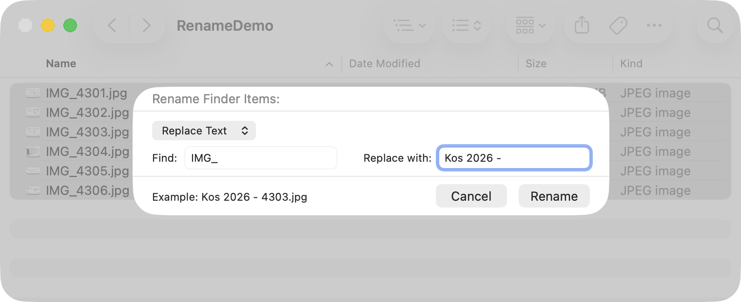 The Finder's Rename Finder Items sheet in Replace Text mode over six selected photos, finding IMG_ and replacing it with Kos 2026 -, the Example line reading Kos 2026 - 4303.jpg