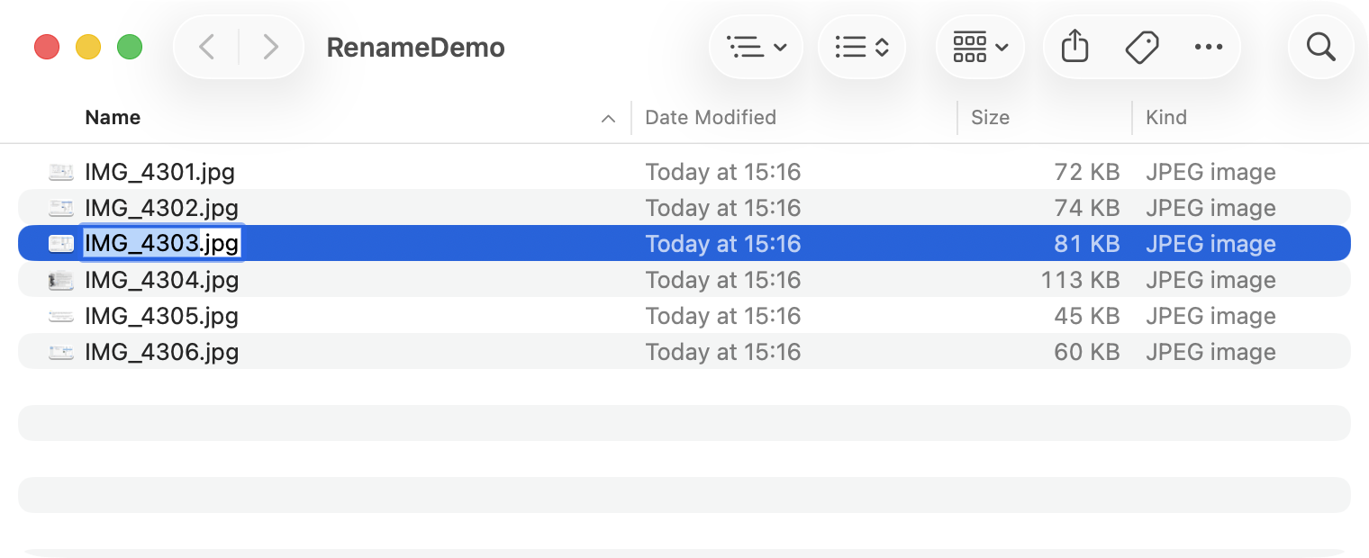 A Finder window in list view with IMG_4303.jpg in edit mode after pressing Return: the name IMG_4303 is selected, the .jpg extension is not