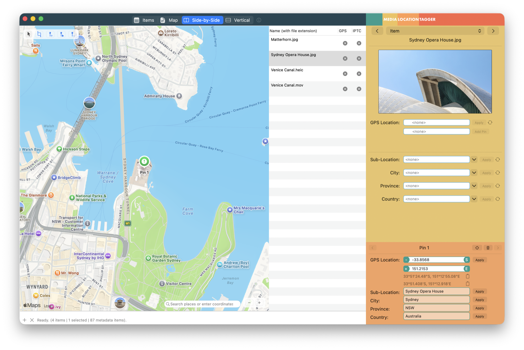 Media Location Tagger in Side-by-Side view: four files from a camera without GPS, all with grey no-data icons in the GPS and IPTC columns, a pin dropped on Bennelong Point in Sydney, and the sidebar showing the pin's coordinates and the Apple Maps place names ready to apply