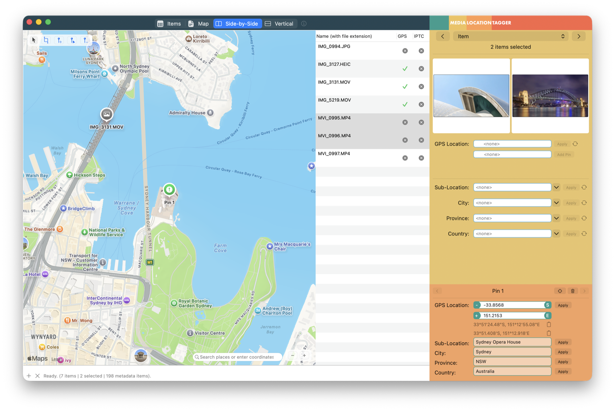 Media Location Tagger in Side-by-Side view with a mixed batch: three MP4 clips from a Canon camera and a JPEG with grey no-data icons in the GPS column, two iPhone MOV clips and a HEIC with green ticks, a pin dropped on Bennelong Point in Sydney, two of the camera clips selected, and the sidebar showing the pin's coordinates with its Apply button