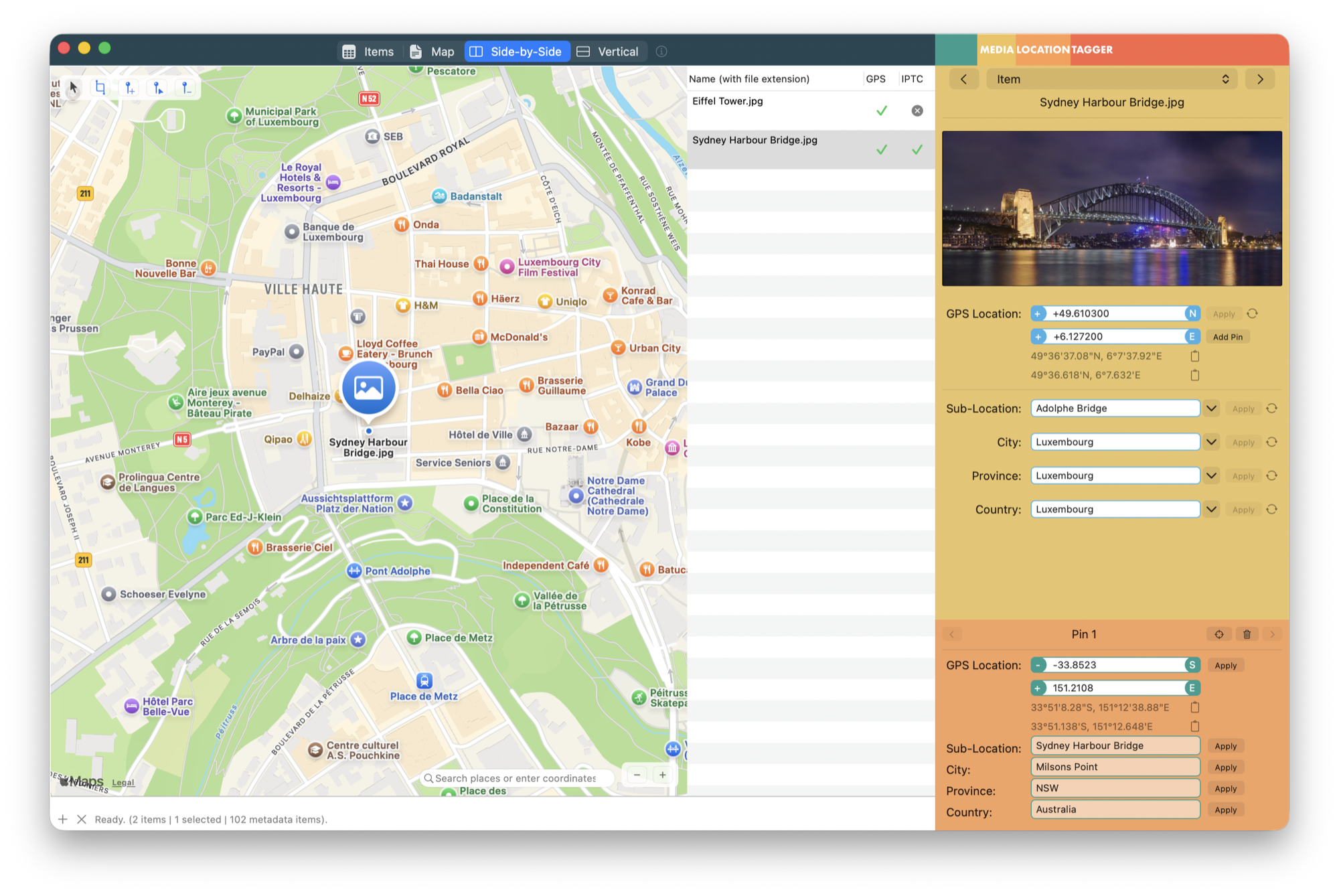 Media Location Tagger in Side-by-Side view: a photo of the Sydney Harbour Bridge selected in the file table, its marker sitting in the old town of Luxembourg City on the map, the sidebar showing the file's stored coordinates of 49.61 N, 6.13 E with Luxembourg in every place-name field, and below it a pin section with the bridge's true coordinates of 33.85 S, 151.21 E ready to apply