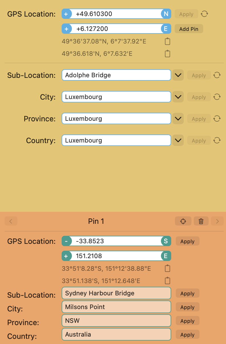 Close-up of the sidebar: the selected file's GPS Location fields showing +49.610300 N and +6.127200 E with Adolphe Bridge, Luxembourg, Luxembourg, Luxembourg in the four place-name fields, and below them the Pin 1 section with -33.8523 S and 151.2108 E, Sydney Harbour Bridge, Milsons Point, NSW and Australia, each with its own Apply button
