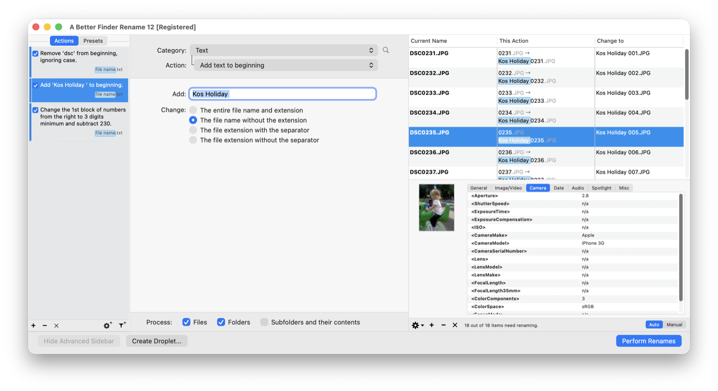 A Better Finder Rename showing a multi-step action with a live preview of every new file name before the rename runs