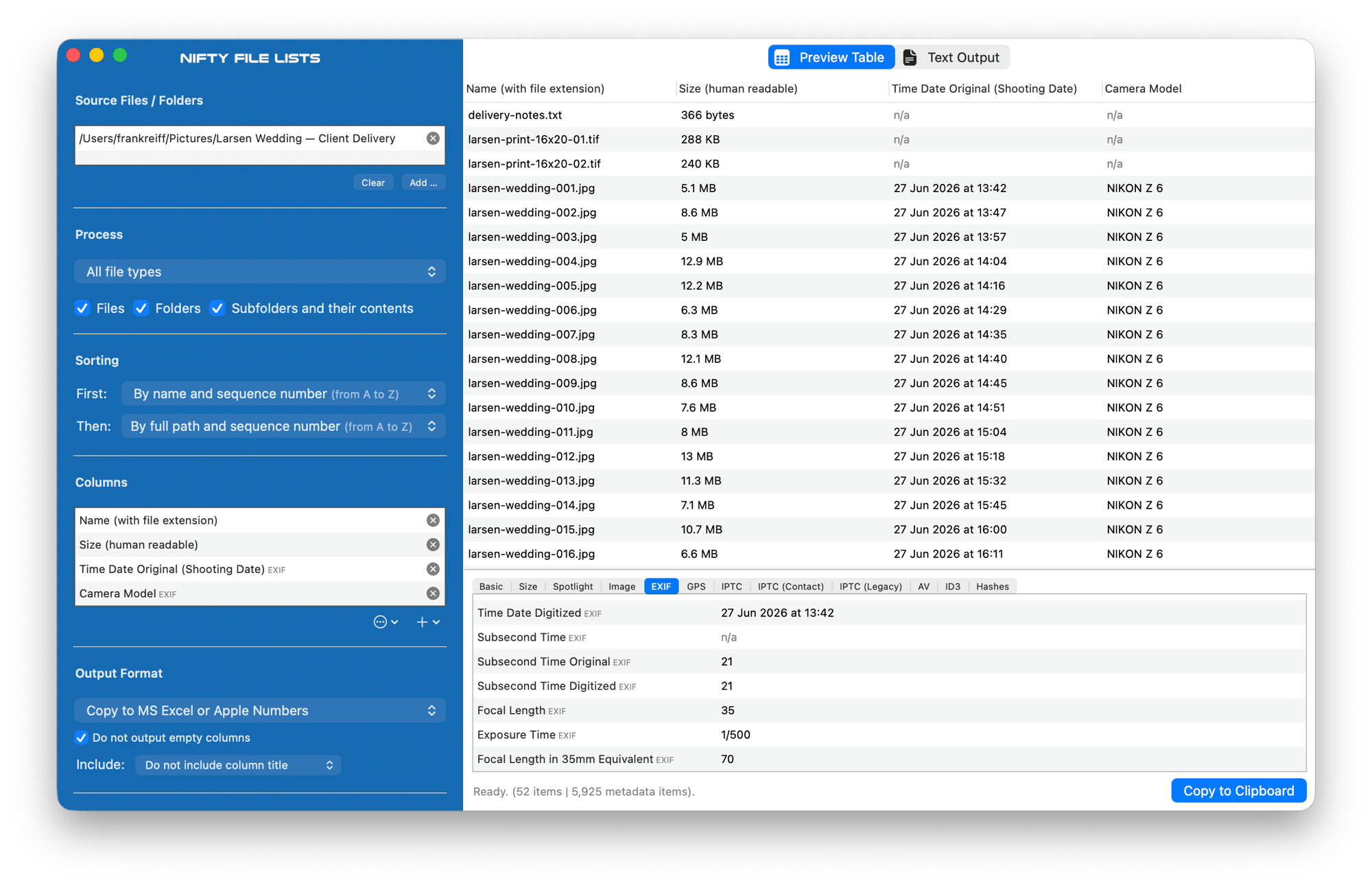 Nifty File Lists with a wedding-delivery folder loaded and the output format set to "Copy to MS Excel or Apple Numbers": the table preview shows name, size, EXIF shooting date and camera model columns, the metadata inspector shows further EXIF fields, and a Copy to Clipboard button sits in the corner