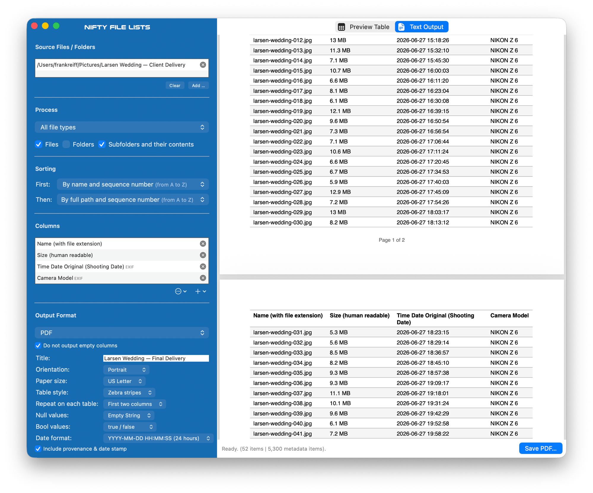 The live PDF preview in Nifty File Lists scrolled to a page break: page 1 of the wedding
delivery manifest ends with a centered "Page 1 of 2" footer, and page 2 opens with the column
header row repeated before the rows continue