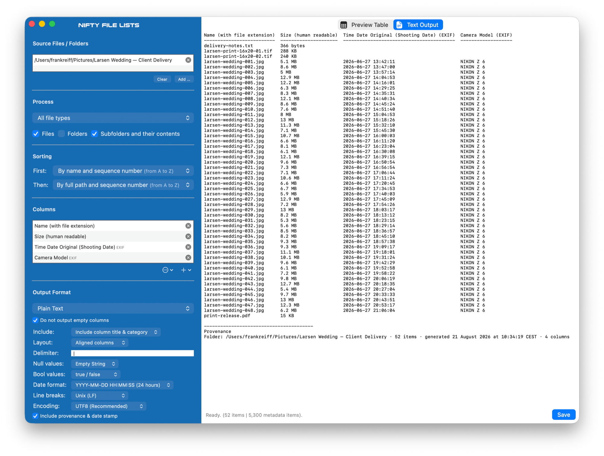 Nifty File Lists with a folder of files loaded; the column list on the left has name, size and
shooting date selected, and the plain-text preview on the right shows the aligned, ruled listing
exactly as it will be saved