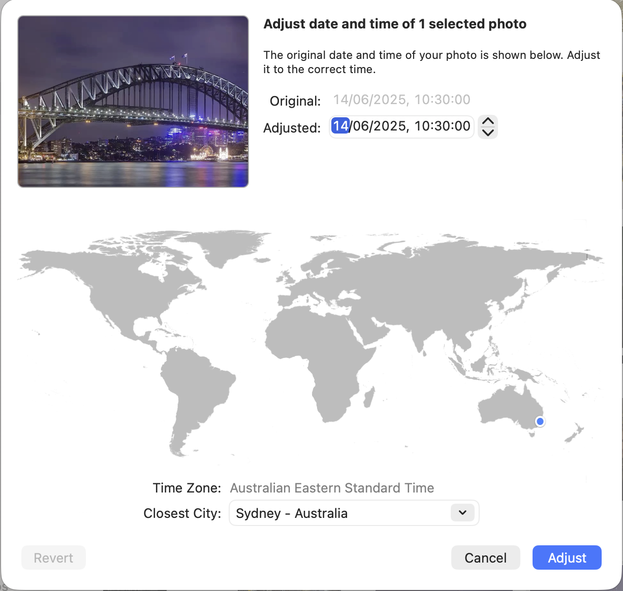 The Photos Adjust Date and Time sheet for an imported clip: Original and Adjusted both reading 14/06/2025 10:30:00, a world map with a marker on Sydney, the Time Zone line reading Australian Eastern Standard Time and Closest City set to Sydney, Australia