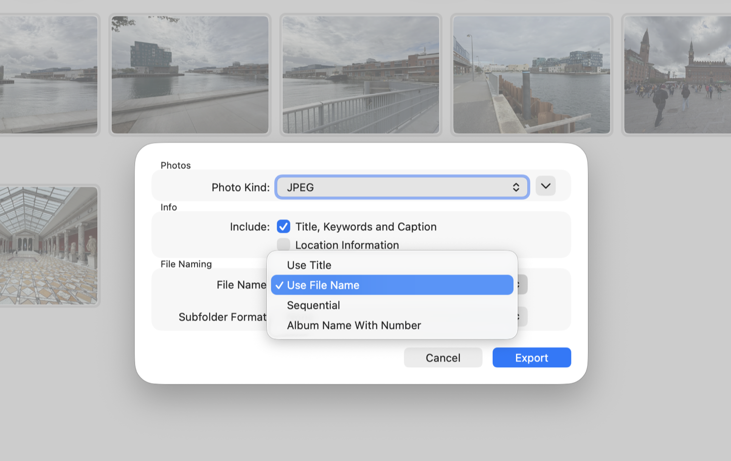 The Photos export dialog with the File Name menu open, showing the Use Title, Use File Name, Sequential and Album Name With Number options, above it the Include checkbox for titles, keywords and captions