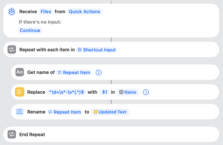 The four-action Shortcuts workflow: Repeat with Each, Get Name, Replace Text with Regular Expression ticked, Rename File