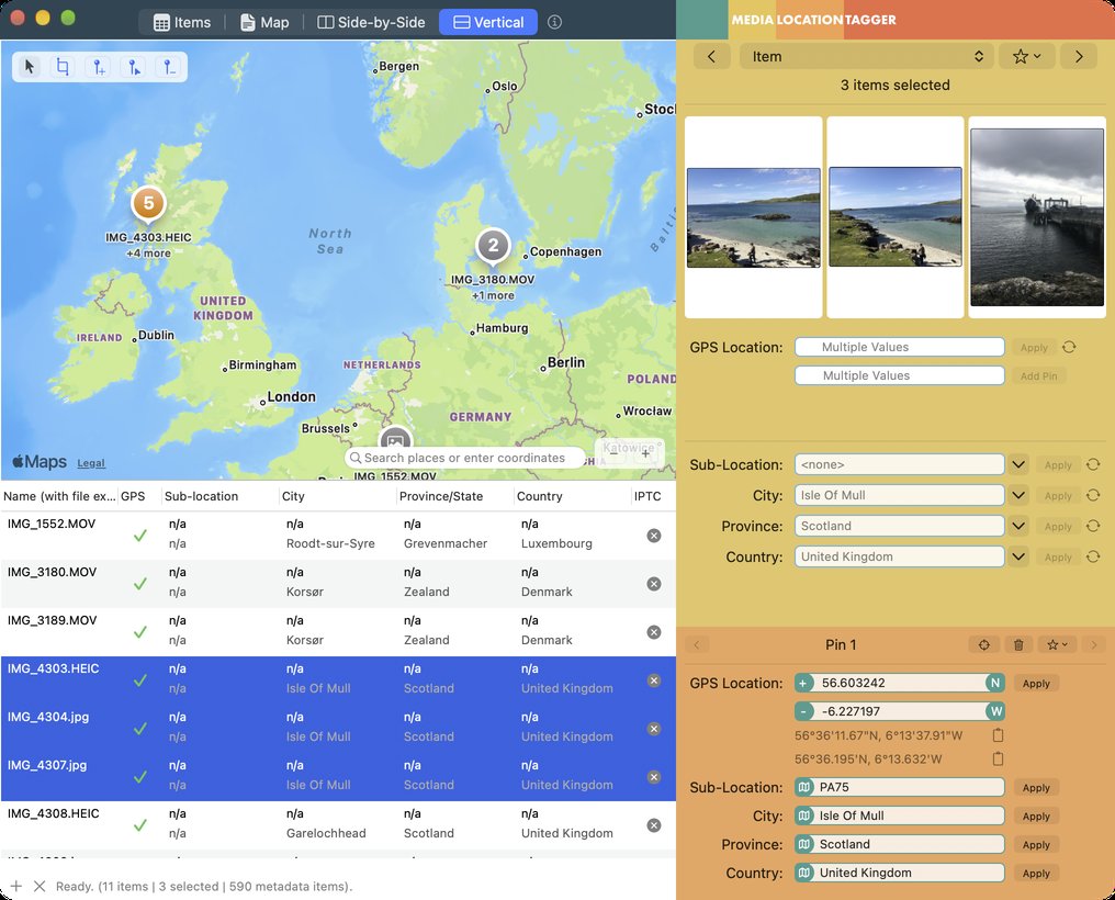 Media Location Tagger main window: file list on the left, map with pins and clustered markers in the centre, location sidebar on the right