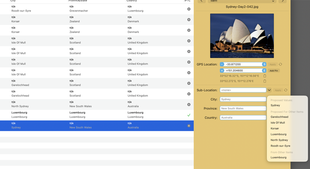 Close-up of the IPTC fields in Media Location Tagger with grey location suggestions next to stored values, and an open pop-up menu listing the proposed value, proposals for other items, and values already used in other photos