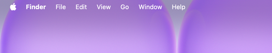 The standard macOS 27 menu bar: white menu titles over a light purple wallpaper, barely readable