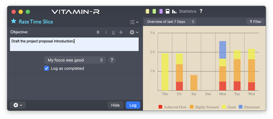 Vitamin-R's rating screen and the weekly statistics it feeds