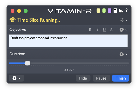 Vitamin-R's running time slice: one objective, a duration slider and a countdown